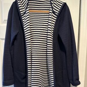 Chico's Navy/White Striped Reversible hooded long cardigan